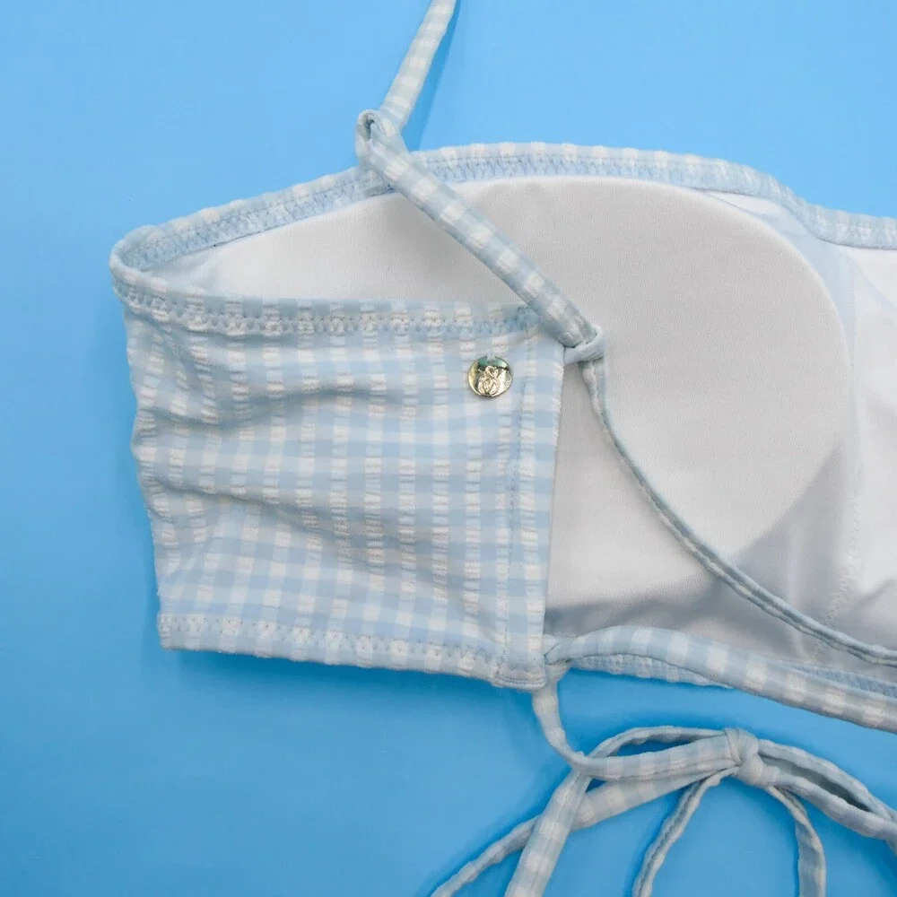 Victorias Secret Small White Blue Check Padded Halter Bikini Top Ribbed Swimwear